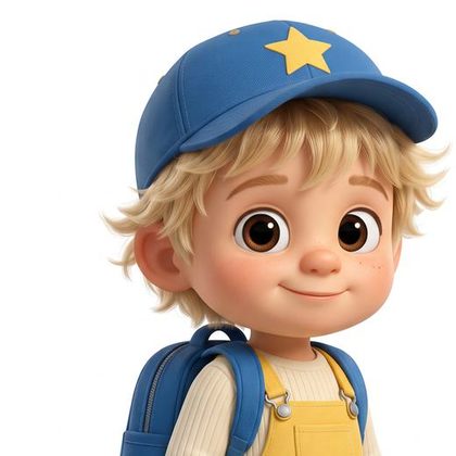 Barnaby, a young blond boy in a blue cap with a yellow star and a blue backpack.
