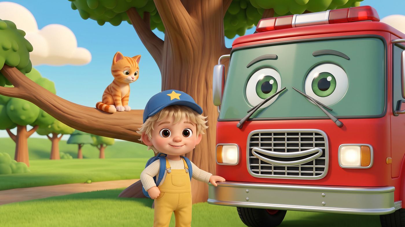 Barnaby, a small boy in a blue star cap and yellow dungarees, standing beside Cal the giant red fire engine under a tree, with Pip the orange kitten watching from a branch.